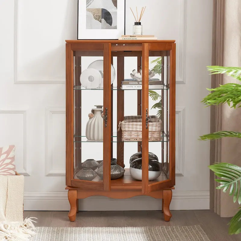 2 Doors Curio Cabinet with Tempered Glass Doors, Mirrored Back Panel and Adjustable Shelves, Office Light Bulb Included