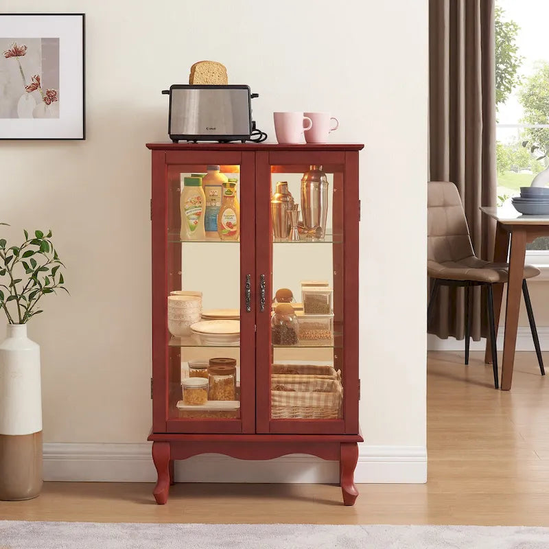 2 Doors Curio Cabinet with Tempered Glass Doors, Mirrored Back Panel and Adjustable Shelves, Office Light Bulb Included
