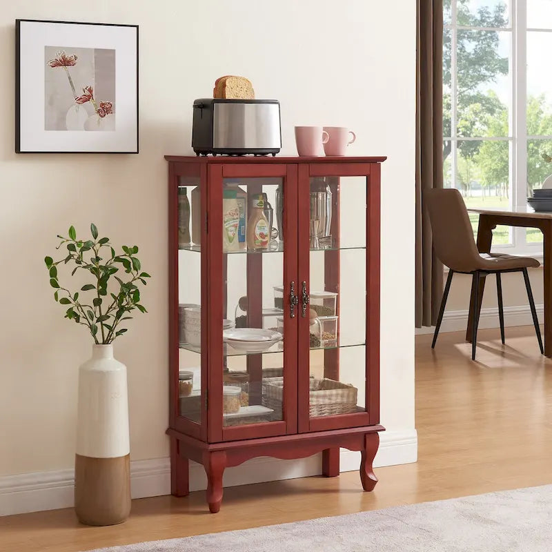 2 Doors Curio Cabinet with Tempered Glass Doors, Mirrored Back Panel and Adjustable Shelves, Office Light Bulb Included