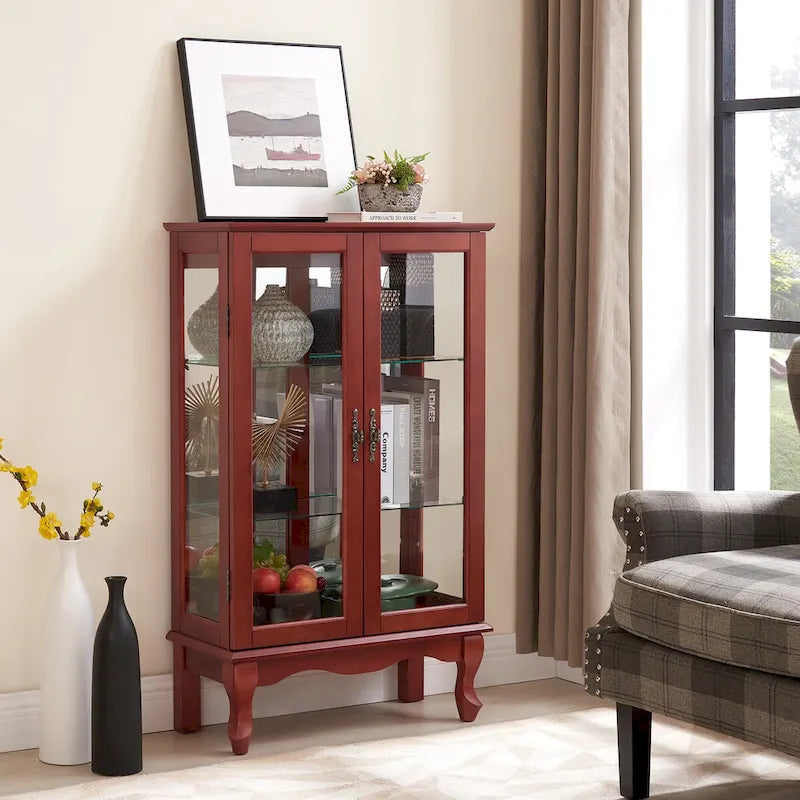 2 Doors Curio Cabinet with Tempered Glass Doors, Mirrored Back Panel and Adjustable Shelves, Office Light Bulb Included