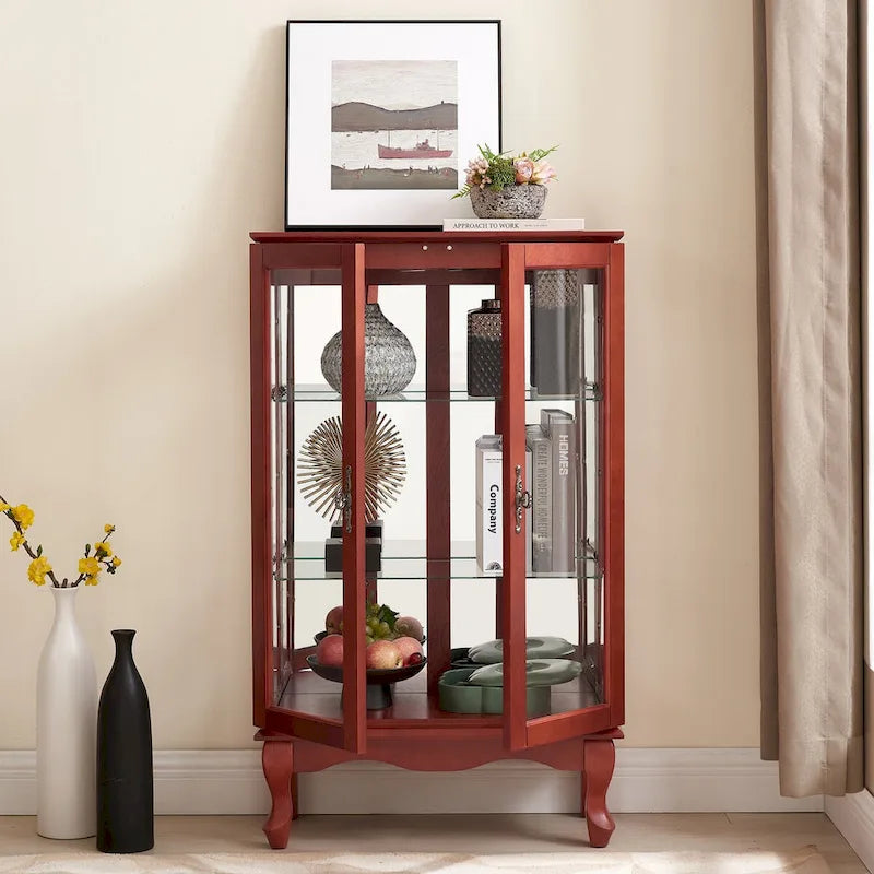 2 Doors Curio Cabinet with Tempered Glass Doors, Mirrored Back Panel and Adjustable Shelves, Office Light Bulb Included