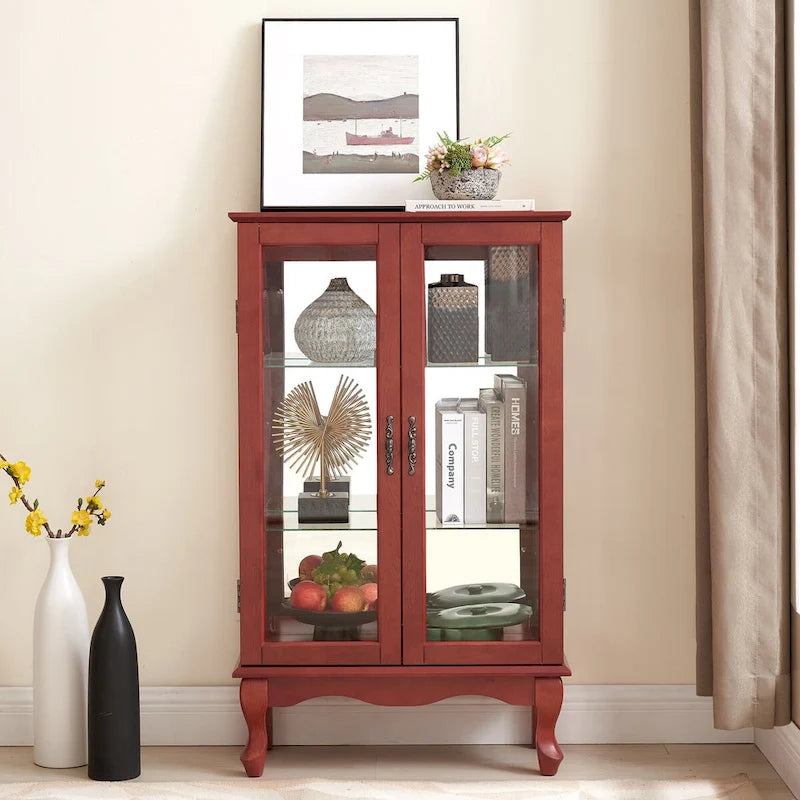 2 Doors Curio Cabinet with Tempered Glass Doors, Mirrored Back Panel and Adjustable Shelves, Office Light Bulb Included