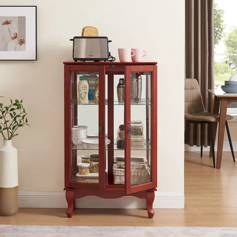 2 Doors Curio Cabinet with Tempered Glass Doors, Mirrored Back Panel and Adjustable Shelves, Office Light Bulb Included