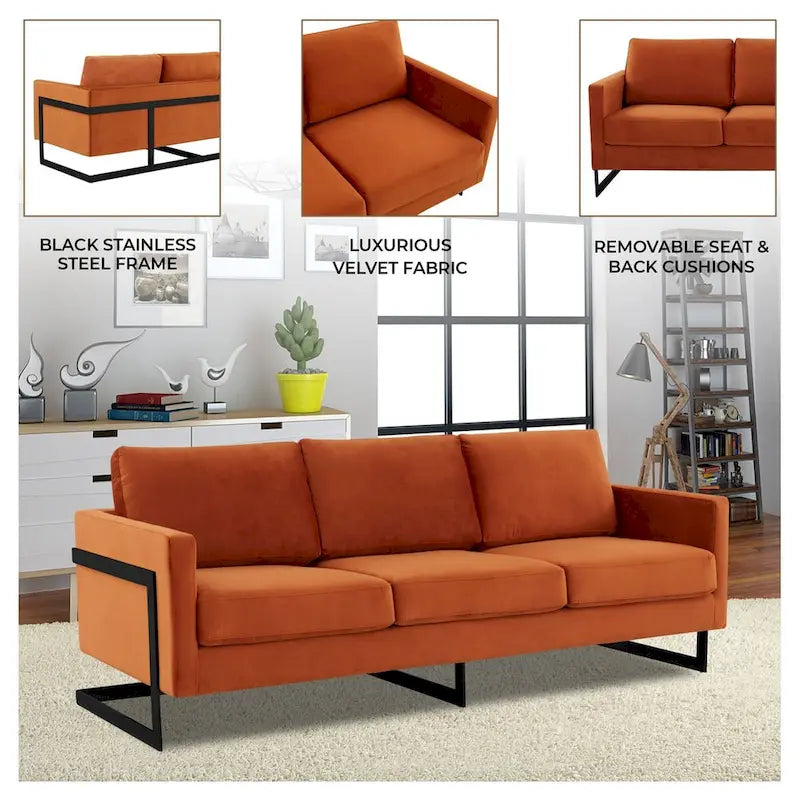 Leisuremod Lincoln 3-Seater Upholstered Velvet Sofa with Black Stainless-Steel Base
