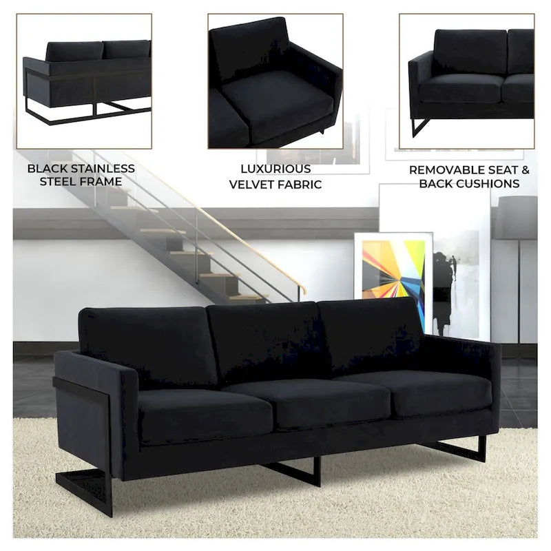 Leisuremod Lincoln 3-Seater Upholstered Velvet Sofa with Black Stainless-Steel Base