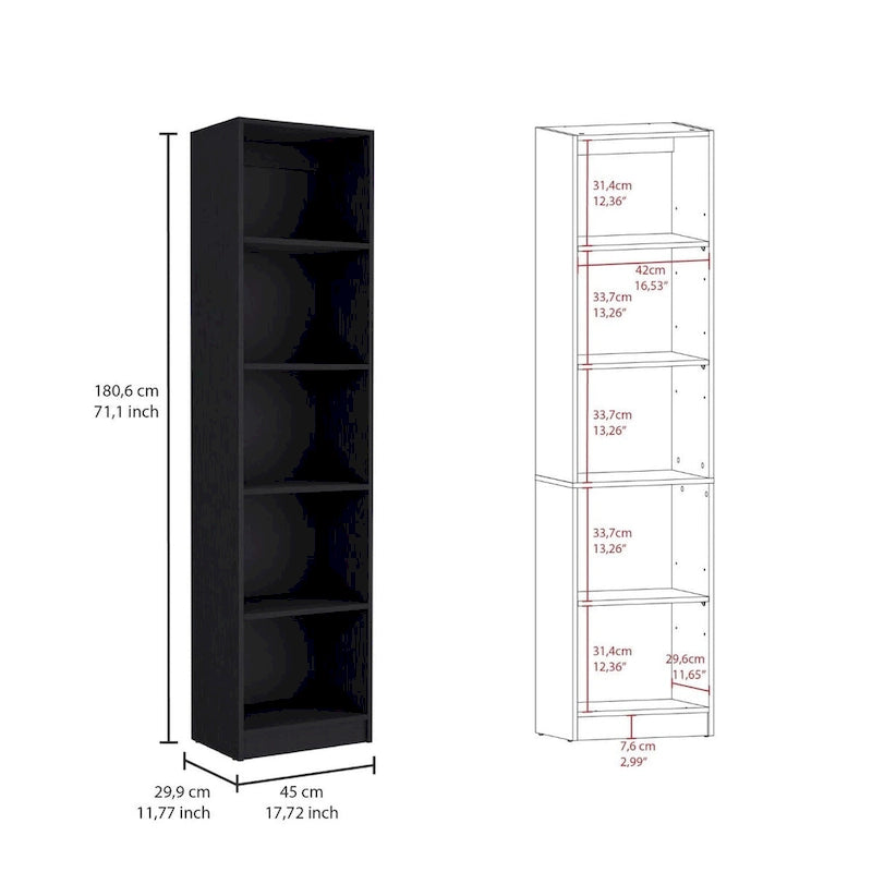 Home Xs Bookcase, 5-Tier Shelves and Slim Design
