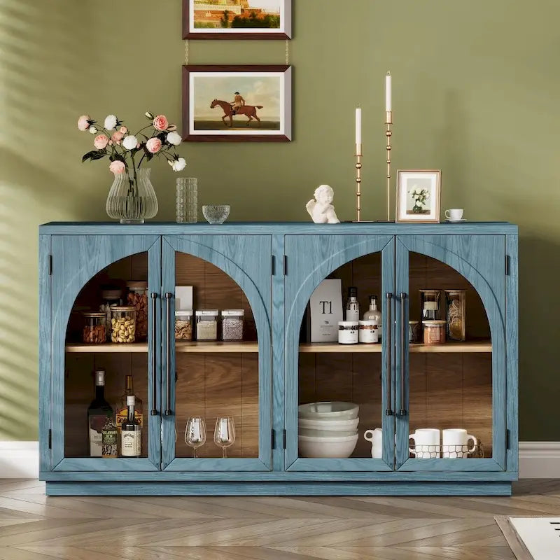 4-Door Large Storage Retro Sideboard with Metal Handles and Adjustable Shelves