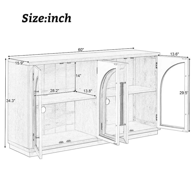 4-Door Large Storage Retro Sideboard with Metal Handles and Adjustable Shelves