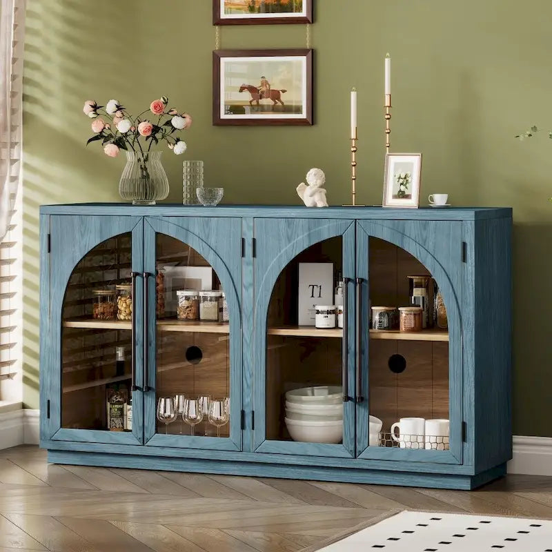 4-Door Large Storage Retro Sideboard with Metal Handles and Adjustable Shelves