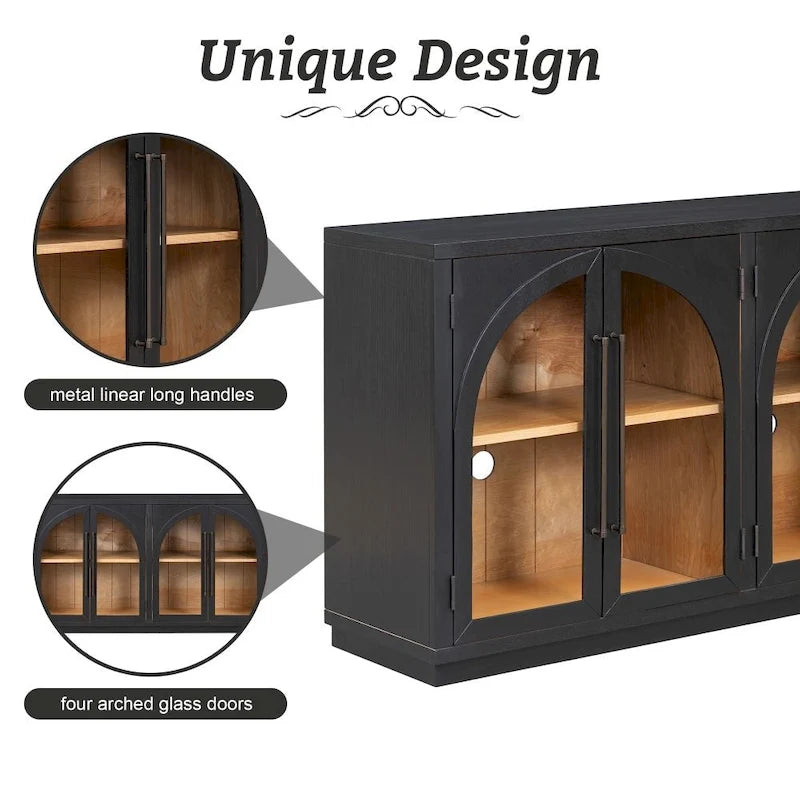 4-Door Large Storage Retro Sideboard with Metal Handles and Adjustable Shelves