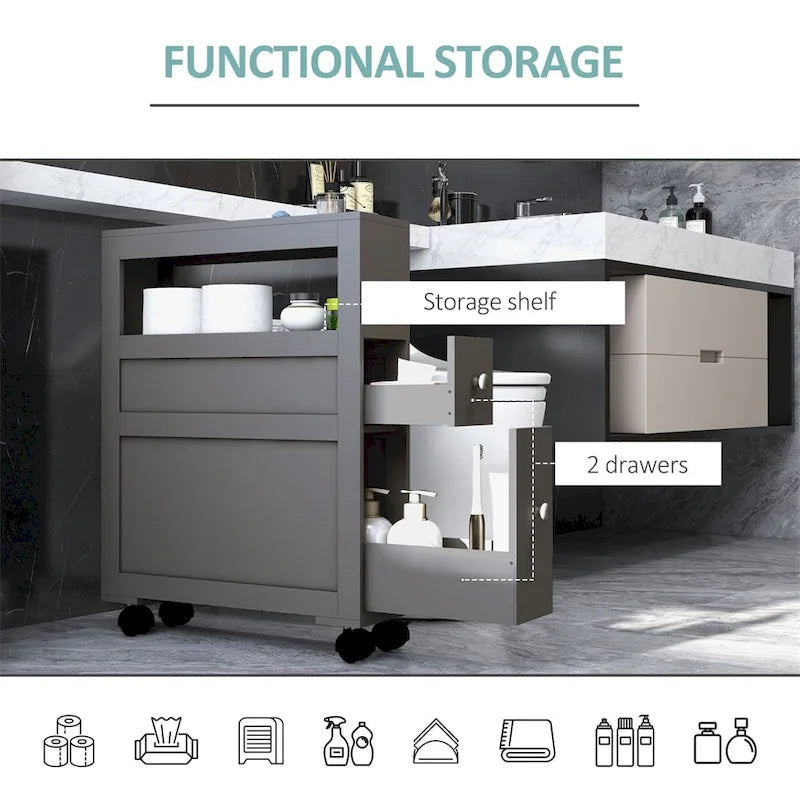 6.25x20.5x28.25 Wood Rolling Narrow Bathroom Side Storage Cabinet