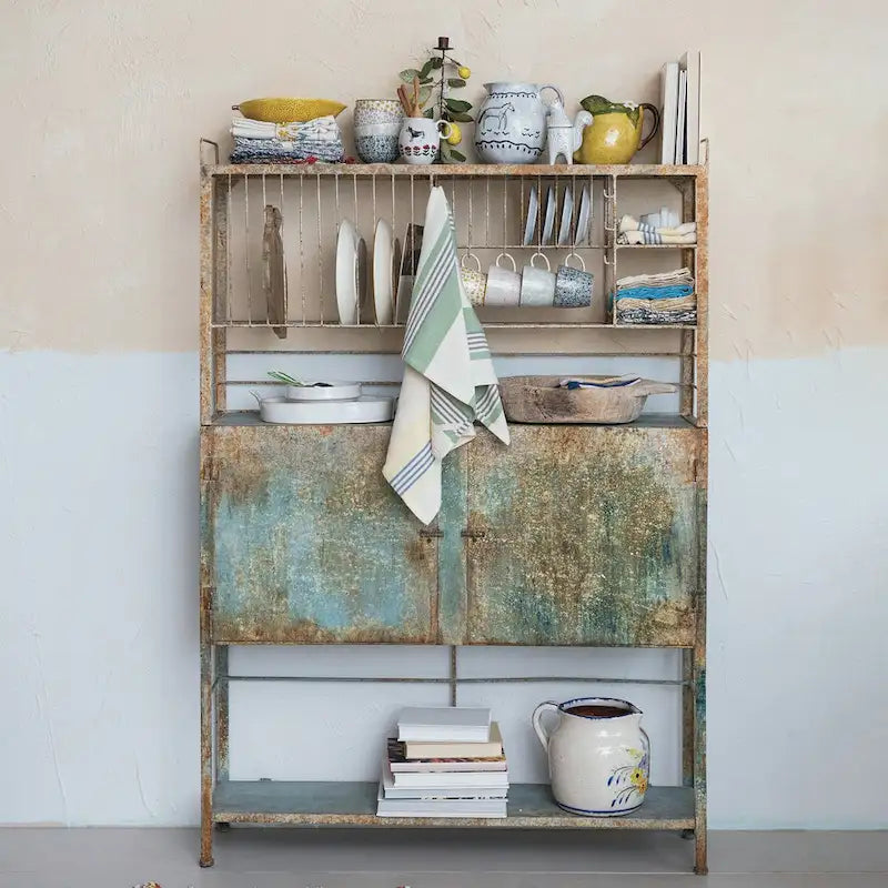 Heavily Distressed Metal Cabinet with Slatted Shelves