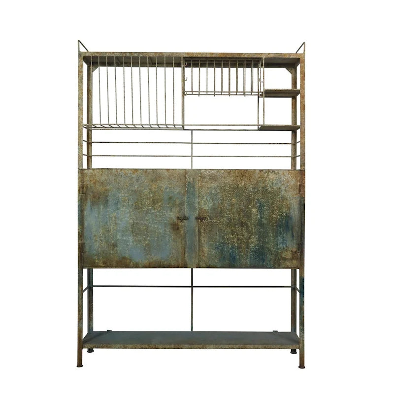 Heavily Distressed Metal Cabinet with Slatted Shelves