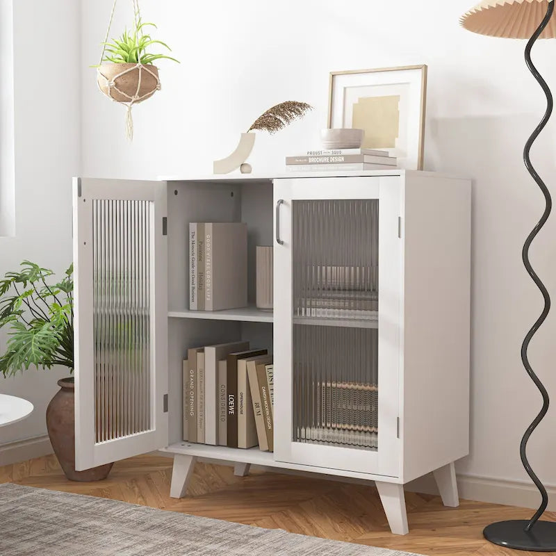 Modern Bathroom Cabinet Storage Organizer with 2 Glass Doors and Adjustable Shelf White