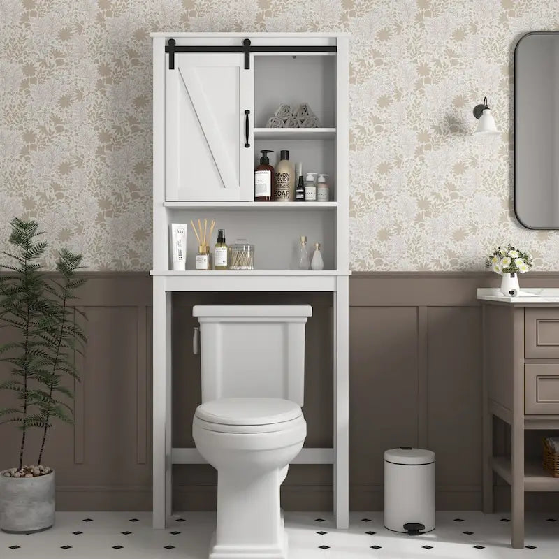 Over-the-Toilet Storage Cabinet, Space-Saving Bathroom Cabinet, with Adjustable Shelves and A Barn Door 27.16 x 9.06 x 67 inch