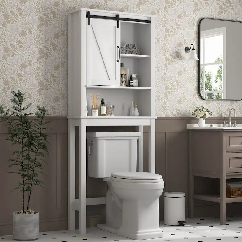 Over-the-Toilet Storage Cabinet, Space-Saving Bathroom Cabinet, with Adjustable Shelves and A Barn Door 27.16 x 9.06 x 67 inch