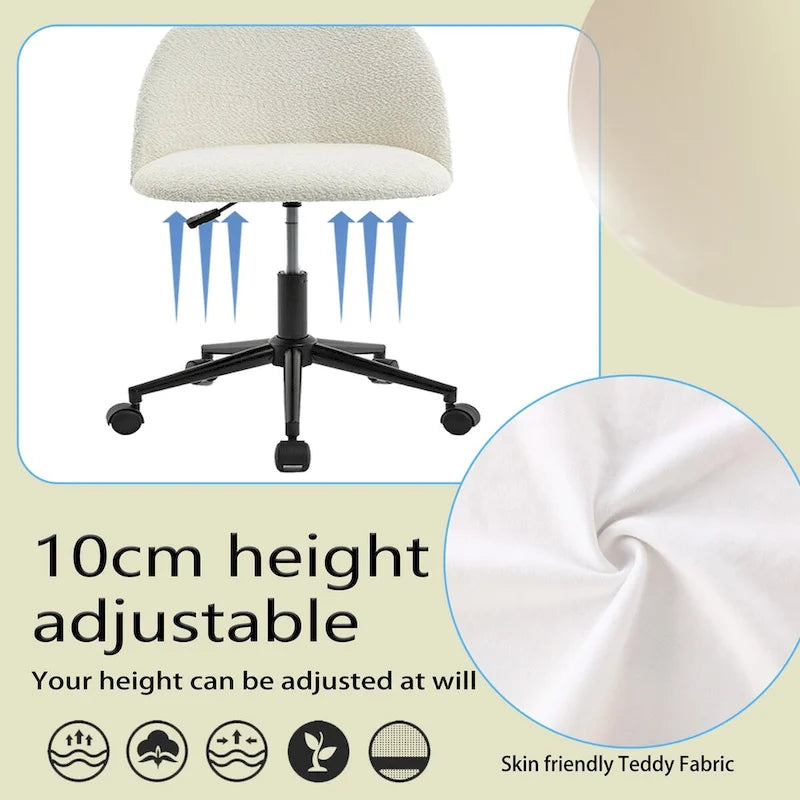 Boucle Office Chair Desk Chair, Mid-Back Adjustable Swivel Computer Chair with Black Legs, Upholstered Desk Chair with Wheels