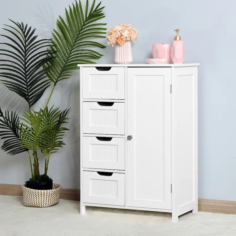 White Bathroom Storage Cabinet, Floor Cabinet with Adjustable Shelf and Drawers