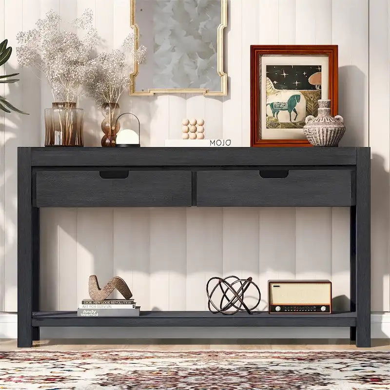 Wood Console Table with 2 Drawers and 1 Shelf for Hallway Living Room