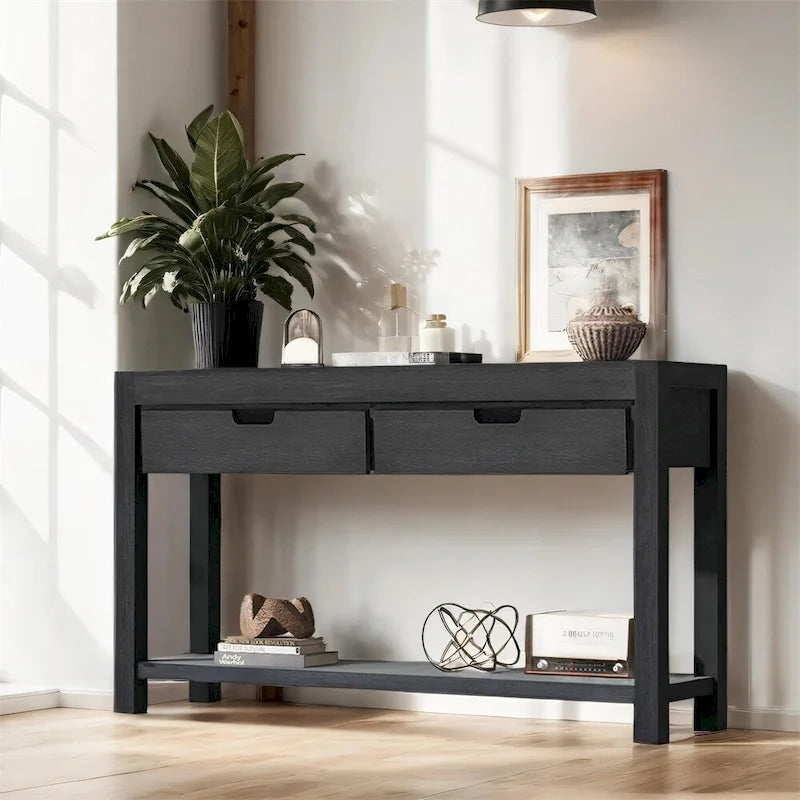 Wood Console Table with 2 Drawers and 1 Shelf for Hallway Living Room