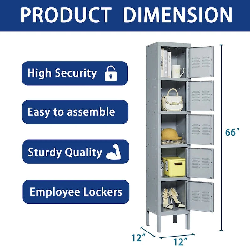 5 Door 66H Metal Lockers With Lock for Employees,Storage Locker Cabinet for Home Gym Office School Garage,Gray